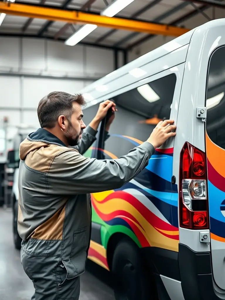 A detailed shot of a commercial van being wrapped with a company logo, highlighting the precision and professionalism of Global Wrap Solution's truck and van wrapping services.
