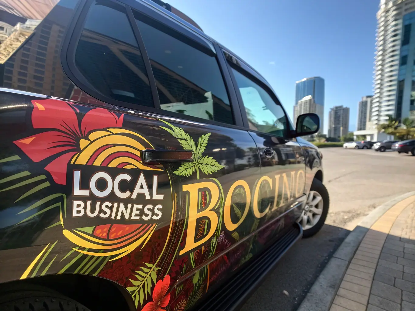 A commercial truck with a full vinyl wrap displaying a company logo and contact information, parked in front of a business location.