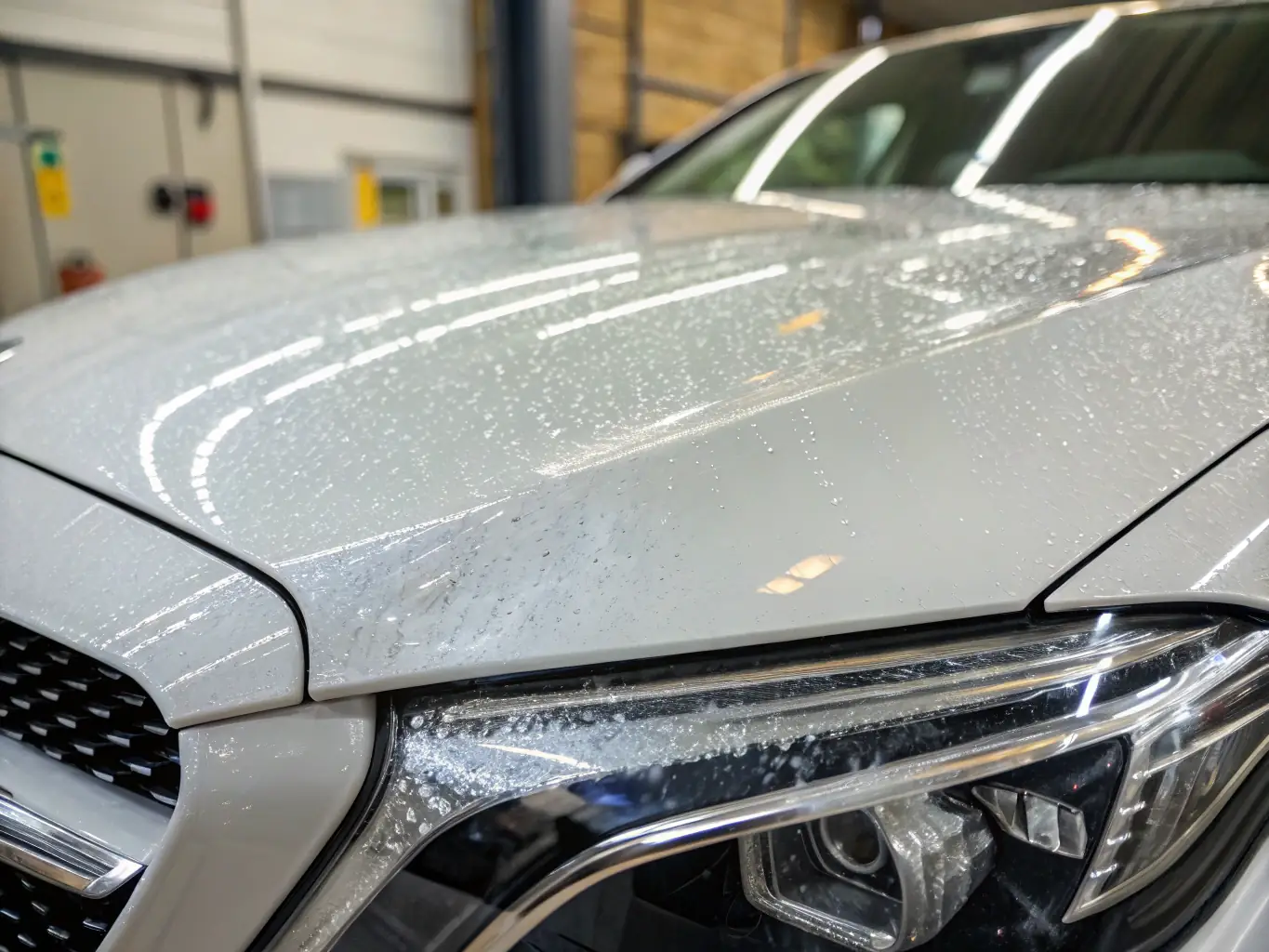 A close-up shot of a car being wrapped with a vibrant, glossy vinyl, showcasing the precision and attention to detail of the wrapping process.