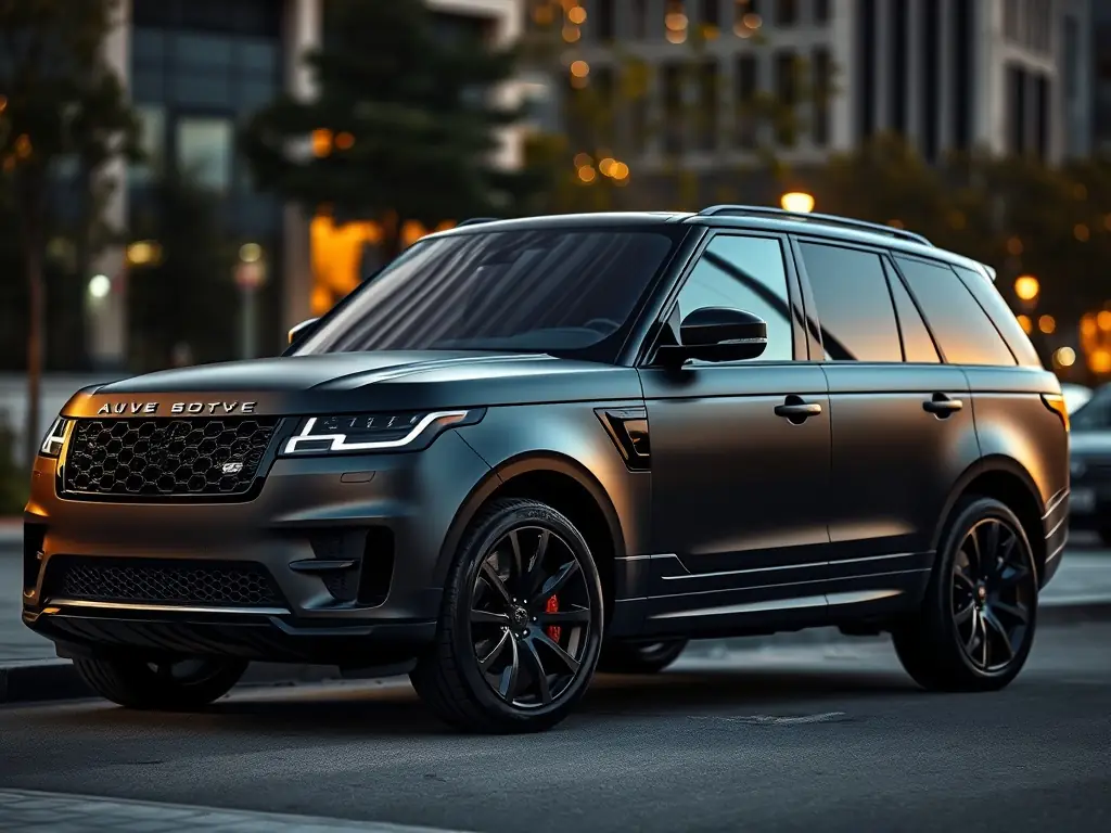 A luxury SUV with a matte black wrap and subtle chrome accents, parked in an urban setting.